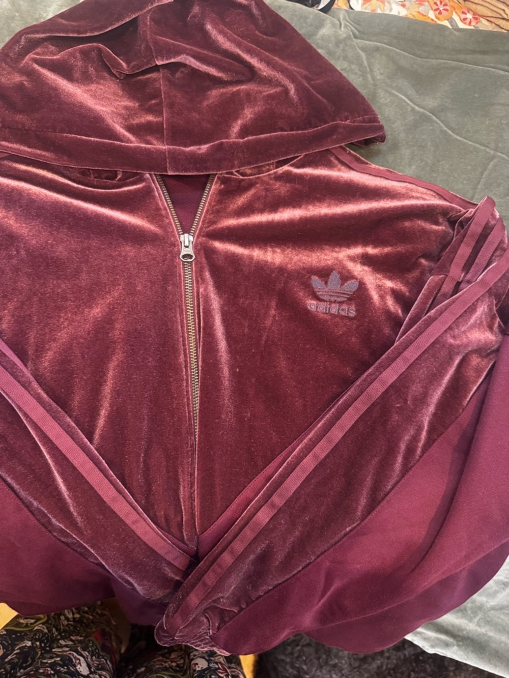 Adidas Women's Velour Zip Hoodie Track Suit - Burgundy